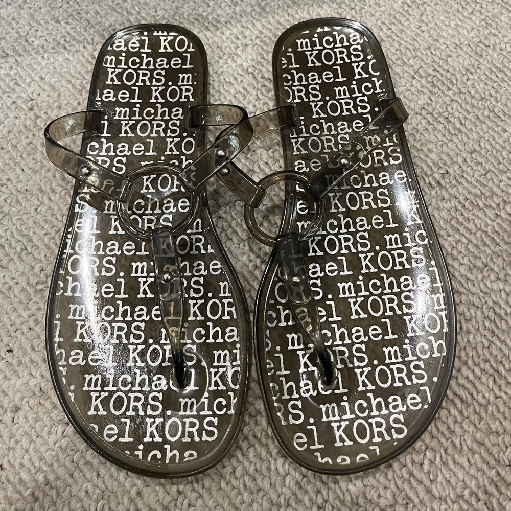 Michael Kors Circle Jelly Flip Flop Sandal Shoe Silver Signature Logo Kawaii S 6